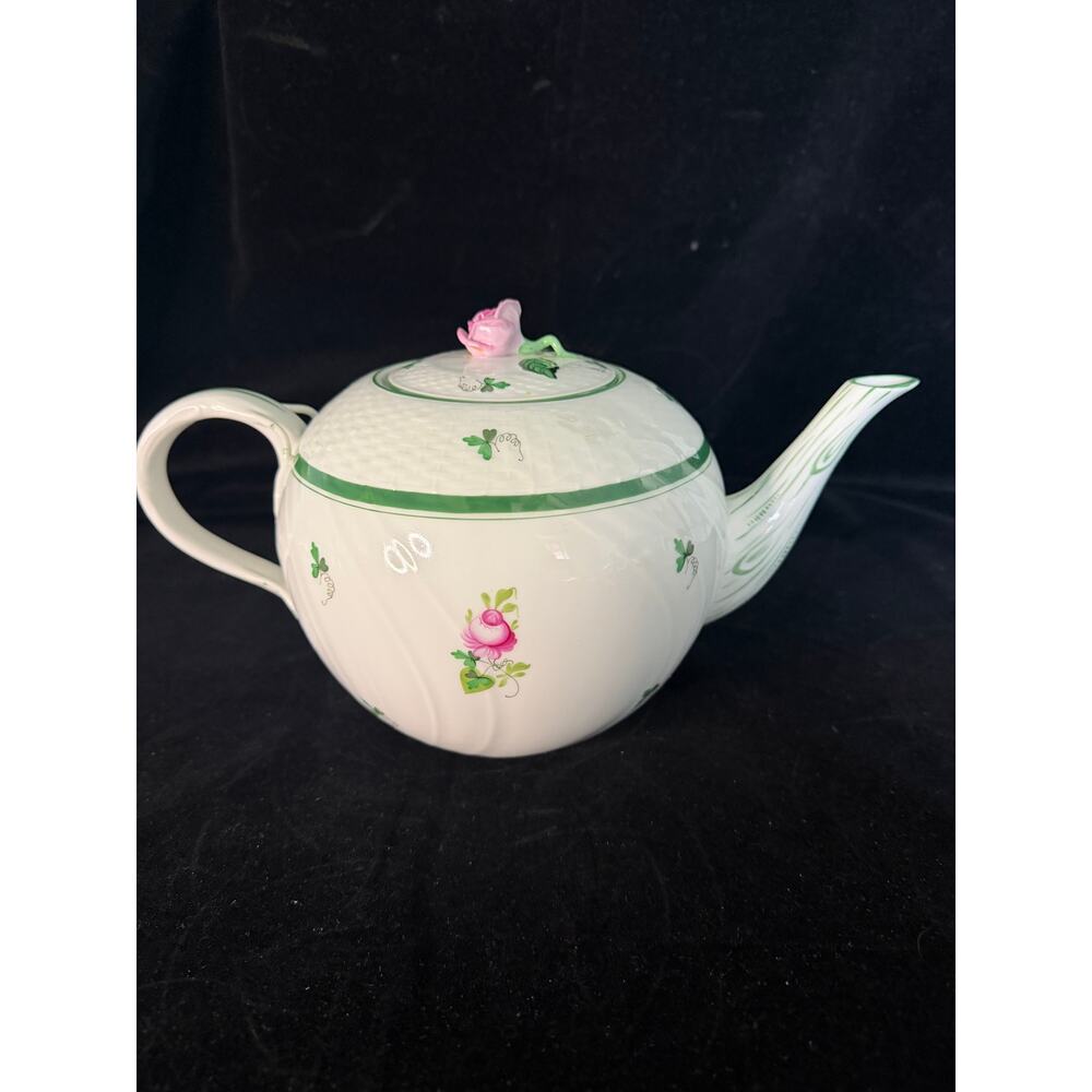 Herend Hungary Vienna Rose Teapot Hand Painted Green Trim Rose Finial 7.5" tall